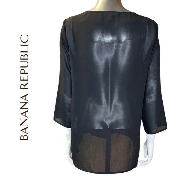 🛍️3/$40 Banana Republic Black  Sheer Long Sleeve 3/4 Sleeve Gold Metal Sz Small - Picture 4 of 7